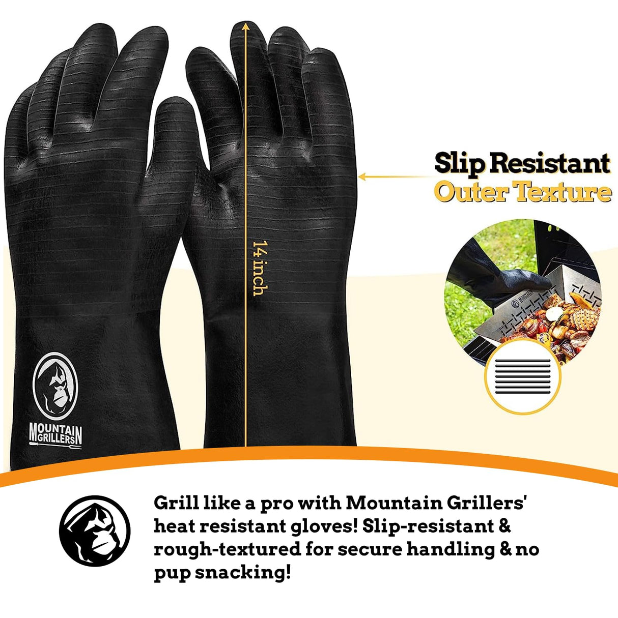 Mountain Grillers Extreme Heat Resistant Gloves for Grill BBQ High Temperature Fire Pit Gloves Barbecue Cooking, Smoker, Oven, Fryer, Grilling Waterproof, Fireproof Oil Resistant Neoprene Coating 14in MOUNTAIN GRILLERS