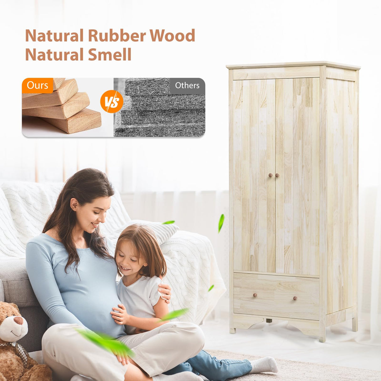 VINGLI Solid Wood Wardrobe Closet, Unfinished Wood Armoire Color DIY, Natural Rubber Wood Wardrobe Closet with Doors and Drawers, Real Wood Wardrobe Closet for Hanging Clothes, Wooden Wardrobe Cabinet VINGLI