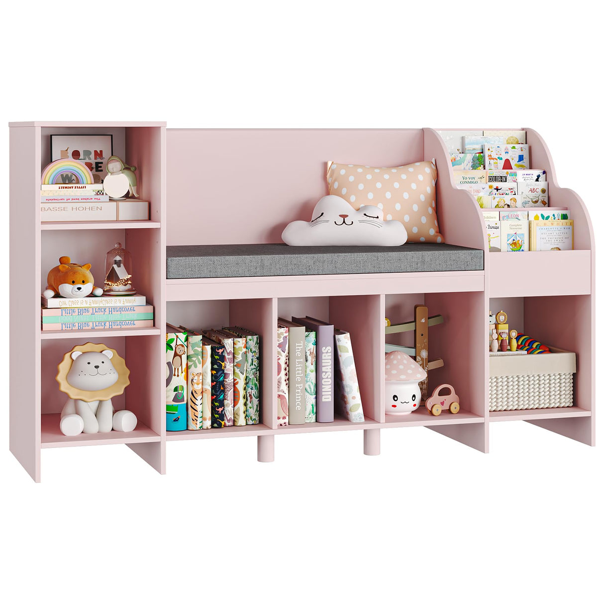 HOSTACK Pink Kids Reading Nook Bookshelf with Storage Cubbies and Bench HOSTACK