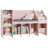HOSTACK Pink Kids Reading Nook Bookshelf with Storage Cubbies and Bench HOSTACK
