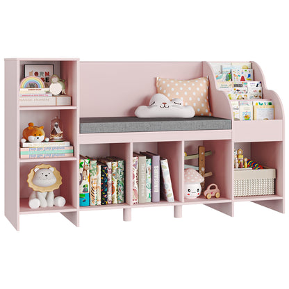 HOSTACK Pink Kids Reading Nook Bookshelf with Storage Cubbies and Bench - WoodArtSupply