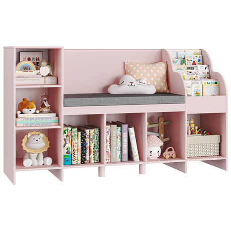 HOSTACK Pink Kids Reading Nook Bookshelf with Storage Cubbies and Bench HOSTACK