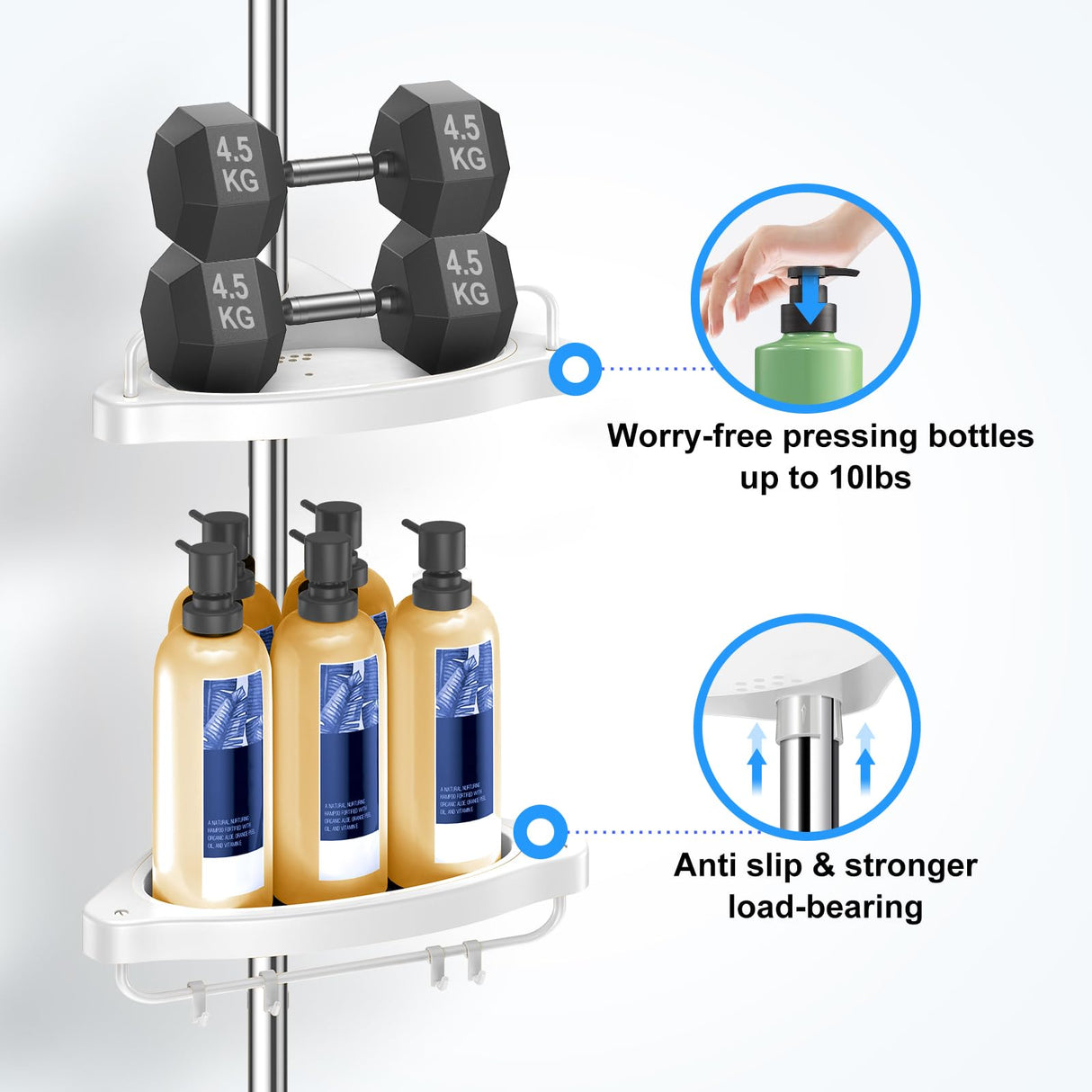 HAMITOR Corner Shower Caddy Tension Pole: Adjustable Stainless Steel Shower Organizer with 4 Tier Shelf for Bathroom Bathtub Tub Shampoo - Floor Standing Rack Bath Storage Holder with Rust Proof Rods HAMITOR