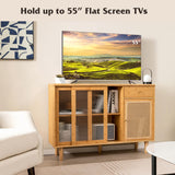 LOKO Buffet Cabinet, Modern Bamboo Sideboard with Tempered Glass Sliding Doors, Rattan Door Home Bar, Boho Coffee Bar Cabinet for Living Room Hallway LOKO