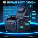 Weilianda Chic Top Grain Leather Home Theater Seating Power Headrest Recling Movie Gaming Recliner Sofa with 7 Colors Ambient Lighting, Golden Cup Holder Carbon Fiber Tray Table Loveseat Blue Weilianda