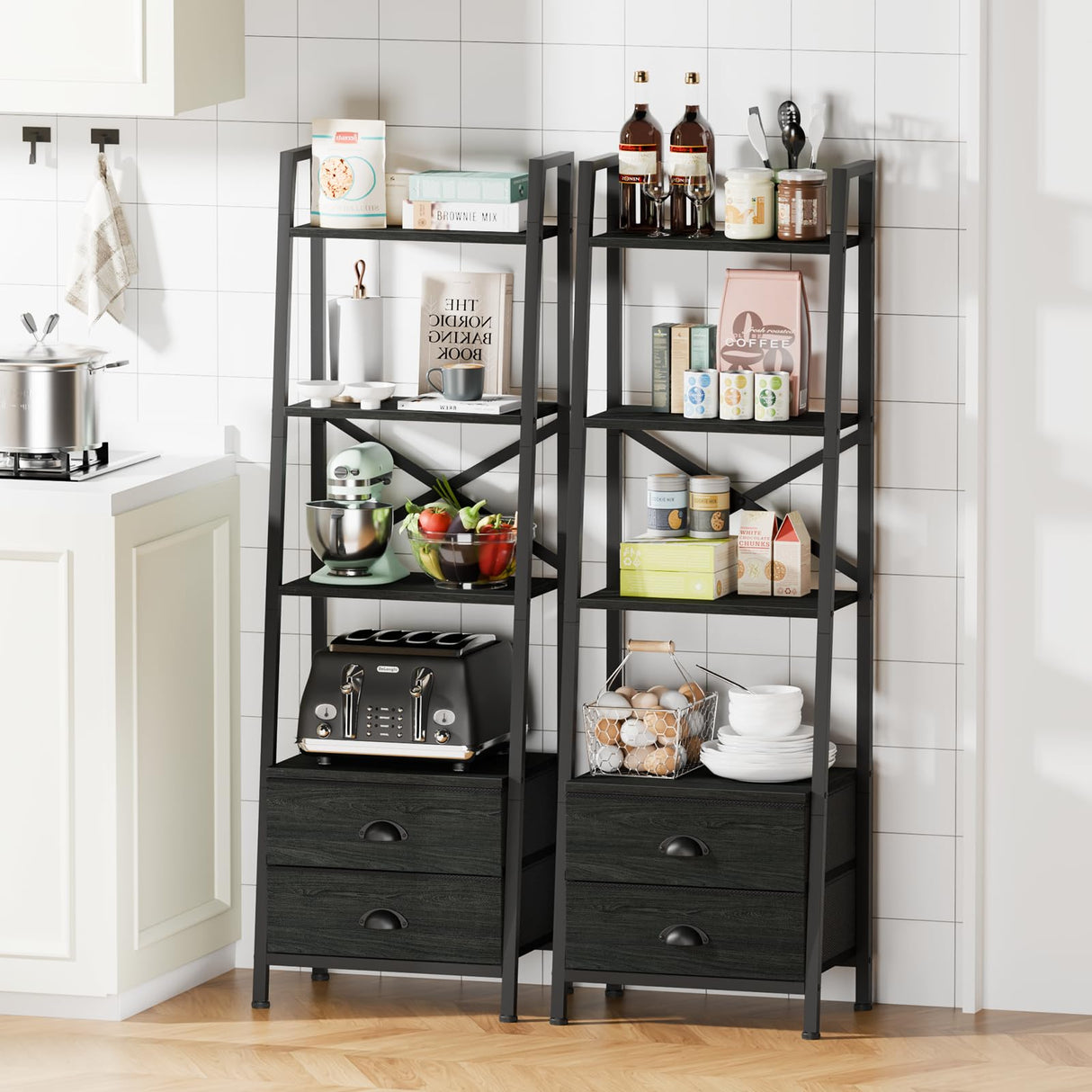 Furologee 4-Tier Ladder Shelf,Small Bookshelf with 2 Drawers,Vertical Bookcase Storage Rack Organizer,Display Bookshelves for Living Room,Bedroom,Bathroom,Home Office,Kitchen,Rustic Brown,Black Oak Furologee