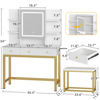 DWVO 39.5 W Vanity Desk Set, Makeup Table with LED Lighted Mirror and Power Outlet, Adjustable 3 Lights Modes, Vanity Table with Stool and Hidden Storage Shelves, 3 Drawers with for Girls Gift, White