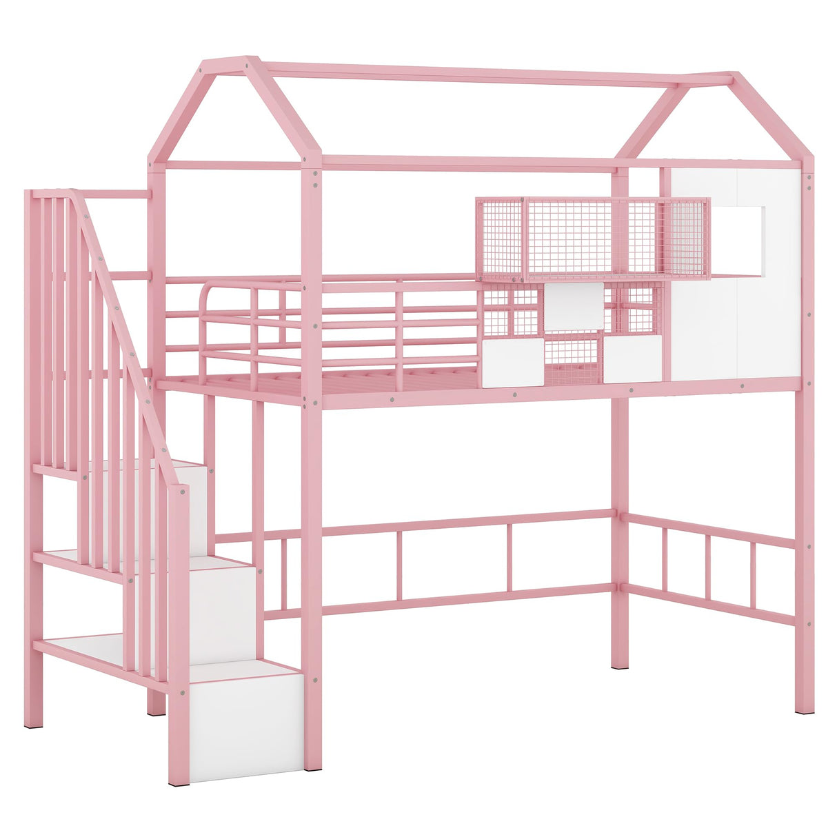 Twin Loft Bed with Storage Stairs and Guardrails in Pink, House-Style Design by Bellemave Bellemave