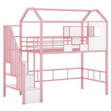 Twin Loft Bed with Storage Stairs and Guardrails in Pink, House-Style Design by Bellemave Bellemave