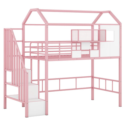 Twin Loft Bed with Storage Stairs and Guardrails in Pink, House-Style Design by Bellemave - WoodArtSupply