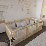 Montessori Floor Bed with Door for Toddler 39.4'' x 75.2'' Twin Size | Pine Wood Natural Solid Frame Bed Door in the Middle | Sturdy Design Floor Bed Frame Boy and Girls (Twin, Height : 23.6 Inches) wood and montessori