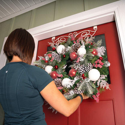 [30 Inch Artificial Christmas Wreath] - Frosted Wonderland Collection - Red White Decoration - Pre Lit with 50 Candy Cane Colored LED Mini Lights - includes Remote Controlled Battery Powered Timer