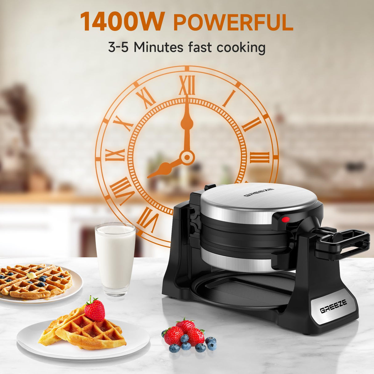 Waffle Maker, Double Belgian Waffle Maker 180°Flip, 1400W Waffle Iron 8 Slices, Rotating & Nonstick Plates with Removable Drip Tray for Easy Clean, Stainless Steel, Locking Buckle & Cool Touch Handle Greeze