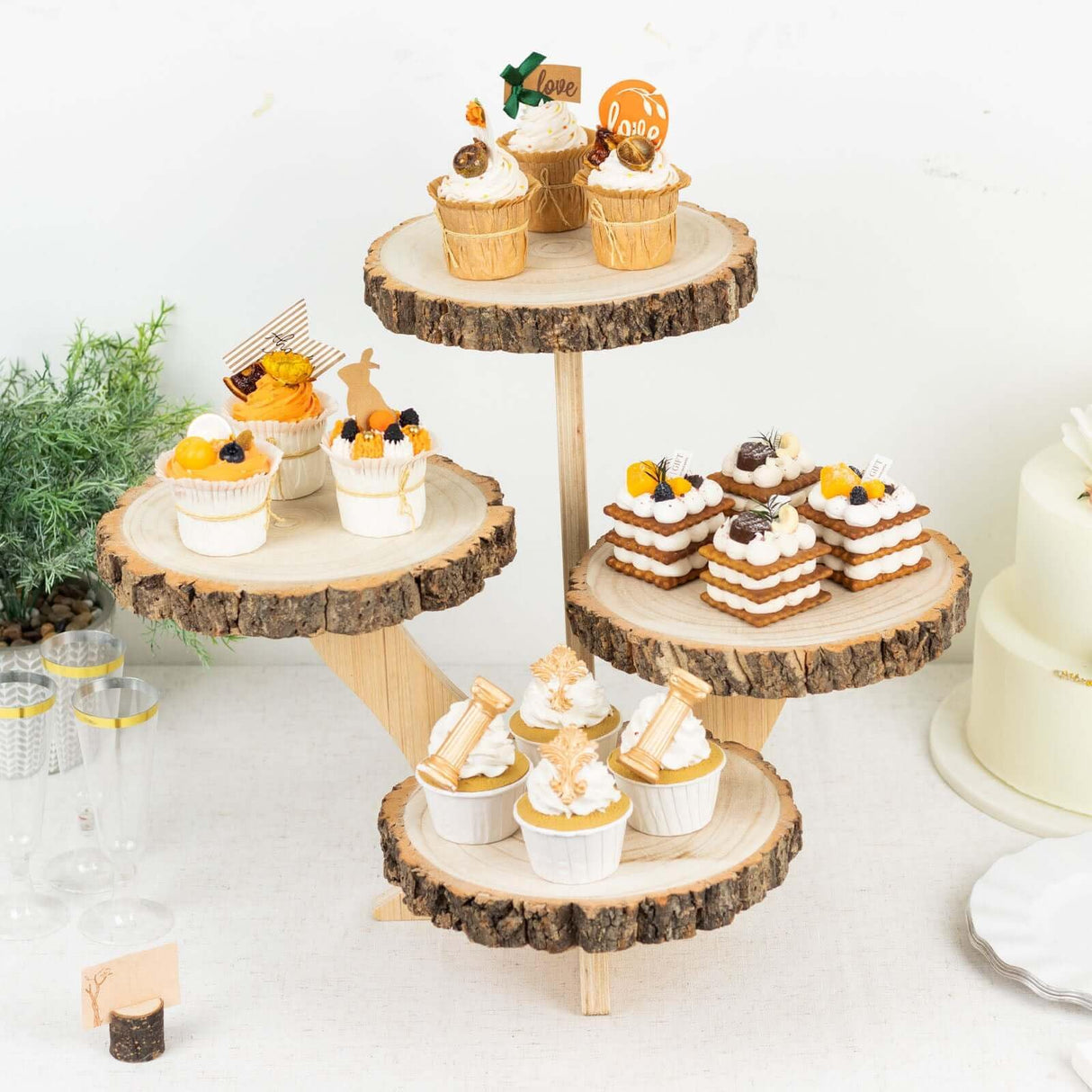 Efavormart 15" Tall 4-Tier Natural Farmhouse Style Wood Slice Cupcake Stand Holder, Rustic Dessert Display Cake Stand Efavormart.com