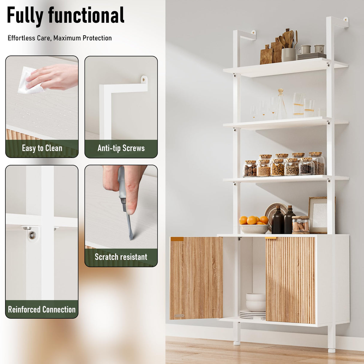 74" Tall Bookshelf with Storage Cabinet, Modern Ladder Shelf with Wood and Metal Frame, Wall Mount Bookcase Open Display Shelf Furniture for Living Room, Bedroom, Home Office, White and Oak INNOD