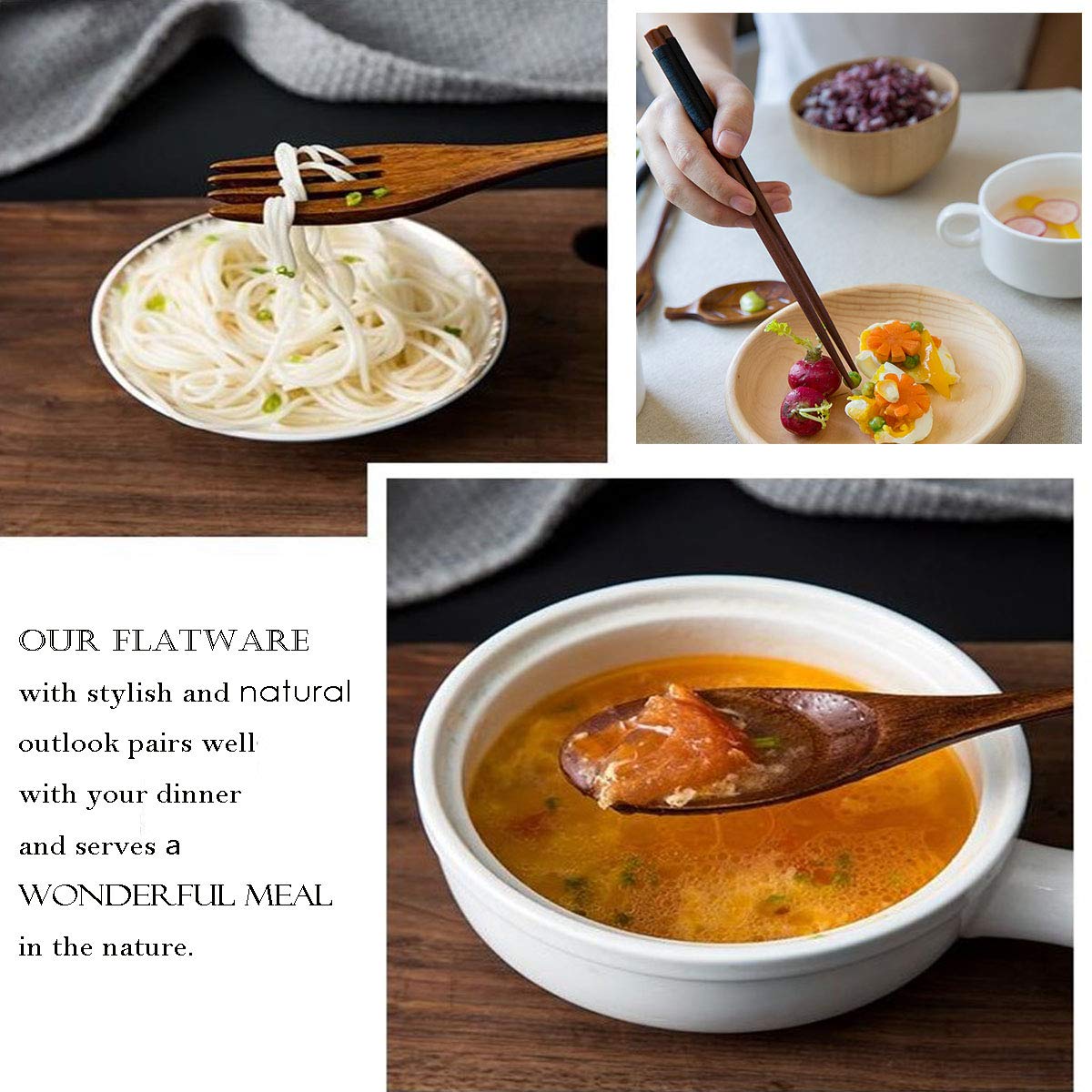 Busnos bamboo Utensils for Eating Reusable wooden travel flatware set with Case 9 Pcs durable wooden cutlery wooden spoons forks and chopsticks Wood Flatware Set with Knife Fork Spoon Chopsticks Straw Busnos