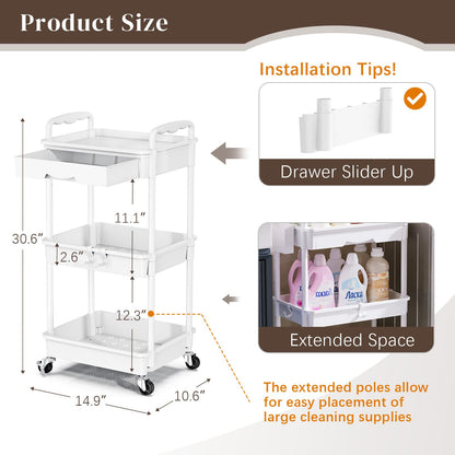 EaseSky Rolling Utility Cart with Drawer 3 Tier, Utility Storage Organizer with Plastic Shelf & Lockable Wheels Multifunctional Storage Cart for Kitchen, Bathroom, Office, Living Room, White