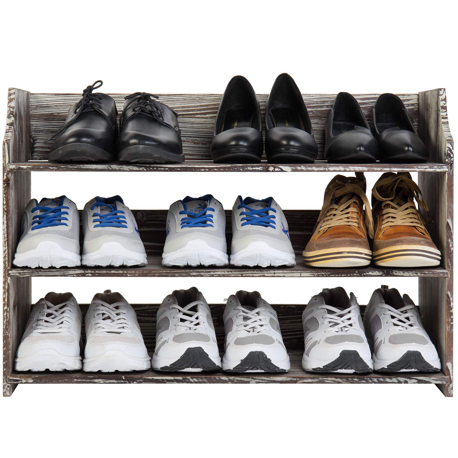 MyGift 3 Tier Rustic Torched Wood Wall Mounted/Freestanding Entryway Shoe Rack Storage Shelves, Closet Organizer Shelf - WoodArtSupply