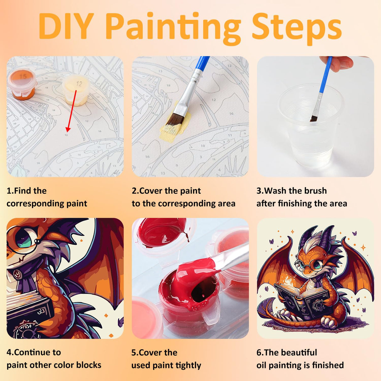 Mandun Paint by Numbers Kit for Kids with Frame, Dragon Paint by Numbers for Kids Ages 4-8-12, DIY Dragon Acrylic Oil Painting for Home Wall Art Decor Gift 7.8x7.8 inch (with Frame Easel) Mandun