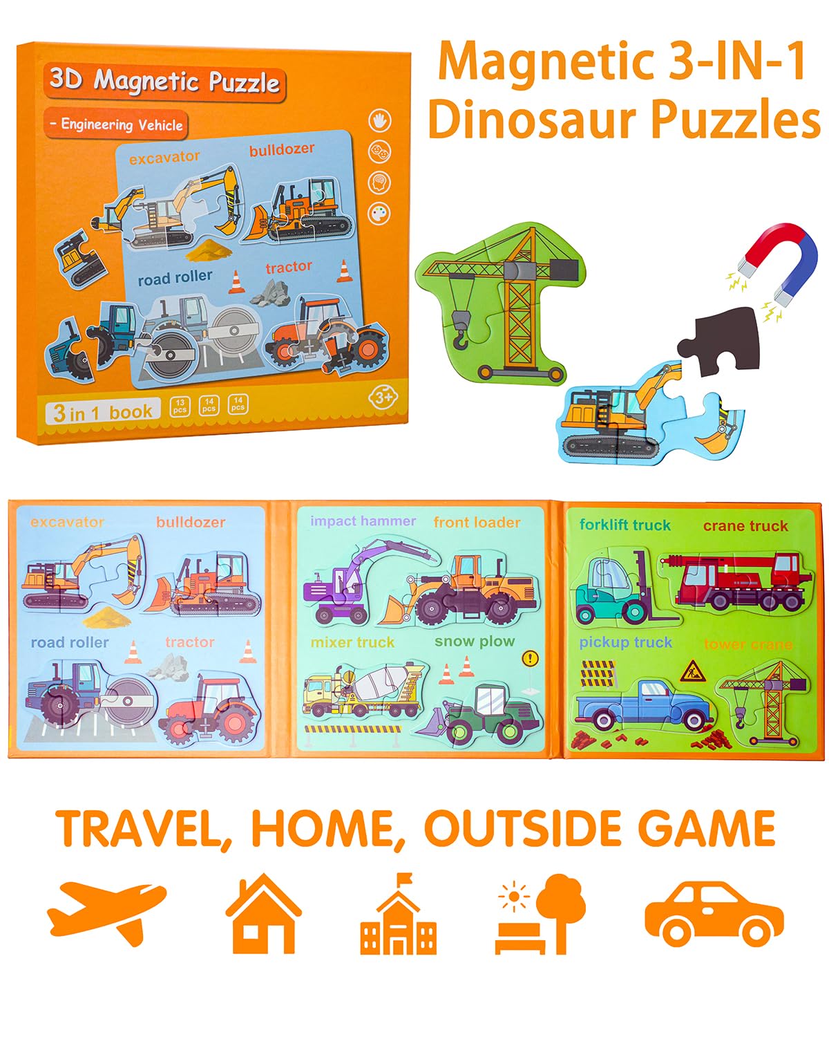 Magnetic Puzzles for Toddlers 3-5, Travel Puzzles for Kids Ages 1-3, Engineering Vehicle Wooden Jigsaw Puzzles Book for Kids 2-4 Learning Gift for Road Trip (Excavator)