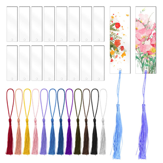 Tecmisse Blank Bookmarks Bulk, 45 Pack Clear Acrylic Craft Bookmarks with 45 Pieces Colorful Tassel, Rectangle Shape DIY Bookmark Ornaments for DIY Projects and Present Tags, 2 x 5.5 Inch