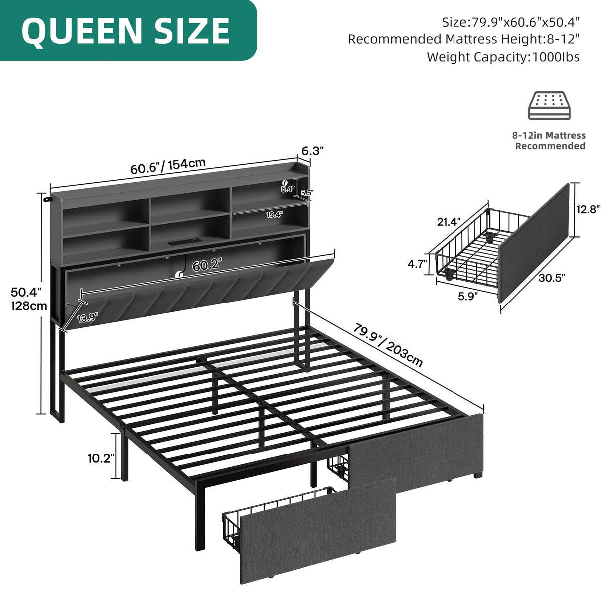 YITAHOME Queen Bed Frame with 2-Tier Storage Shelves and Bookcase Headboard,LED Light Queen Size Bed with Charging Station, No Box Spring Needed/Noise Free, Dark Gray YITAHOME
