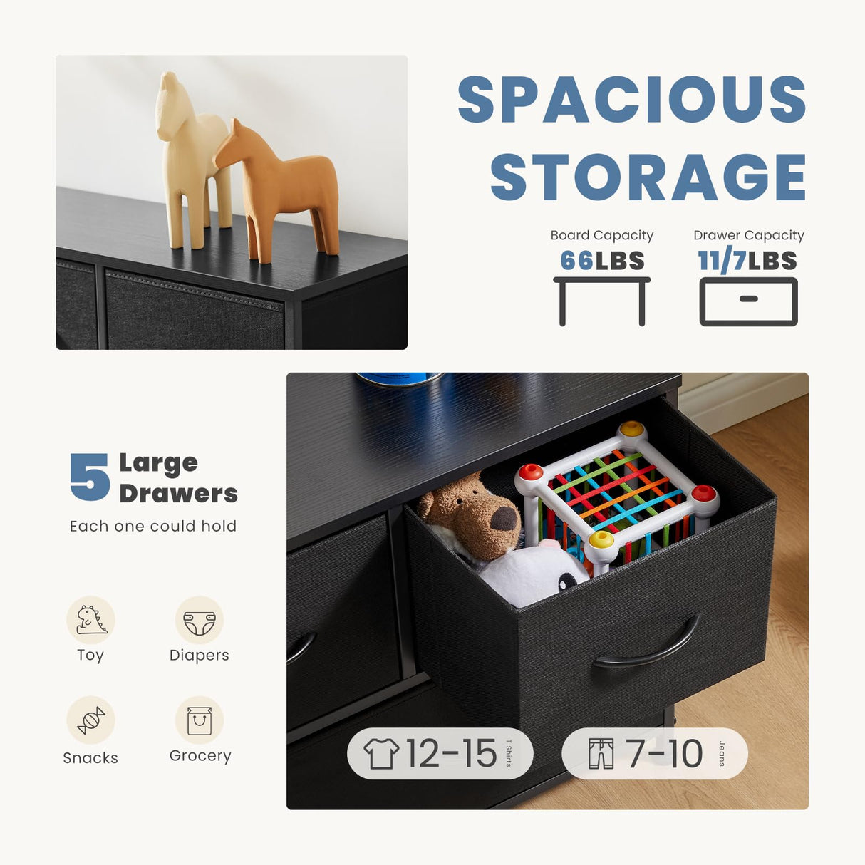 DUMOS Dresser for Bedroom, 5 Storage Drawers, Wide Fabric Closet Chests Organizer Tower Furniture with Wooden Top Metal Frame for Clothes, Guest Room, Living Room, Hallway, Entryway DUMOS