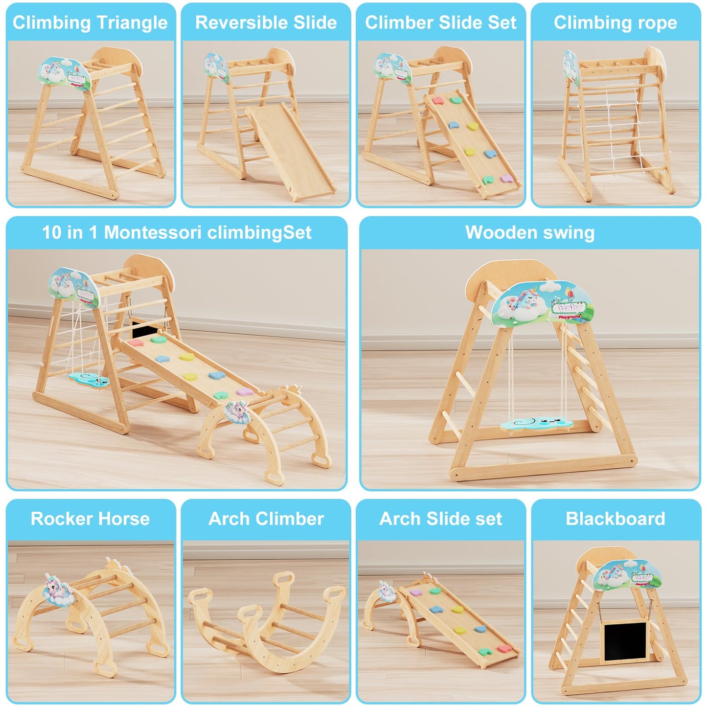 HAFTKD Pikler Triangle Set, 10 in 1 Wooden Climbing Toys for Toddlers, Montessori Indoor Climbing Ladder Gym with Slides, Climbing/Net, Arch Swing