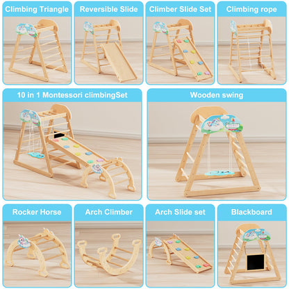 HAFTKD Pikler Triangle Set, 10 in 1 Wooden Climbing Toys for Toddlers, Montessori Indoor Climbing Ladder Gym with Slides, Climbing/Net, Arch Swing