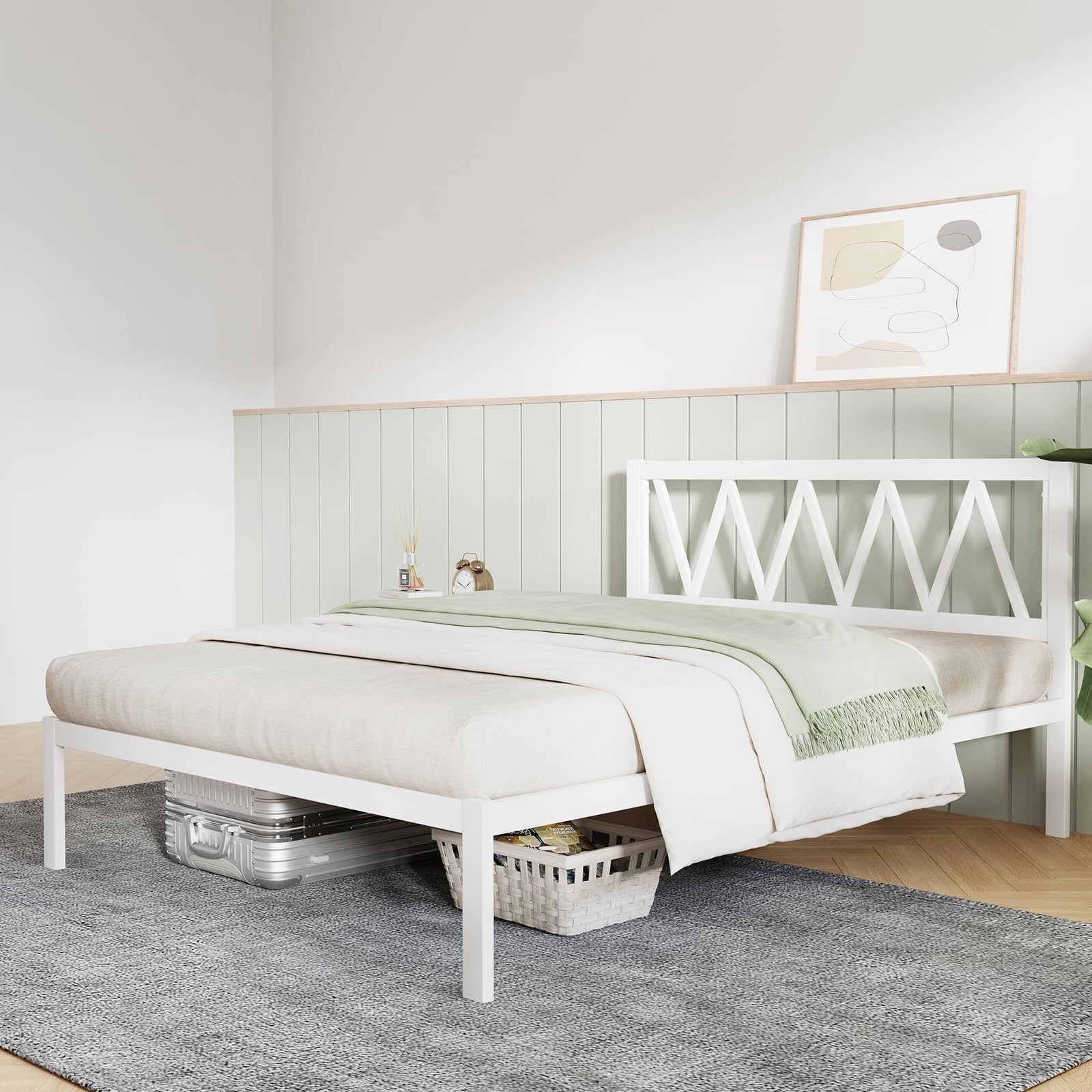 Novilla Heavy-Duty Queen Bed Frame with Headboard and Wooden Slat Support, Easy Assembly in White - WoodArtSupply