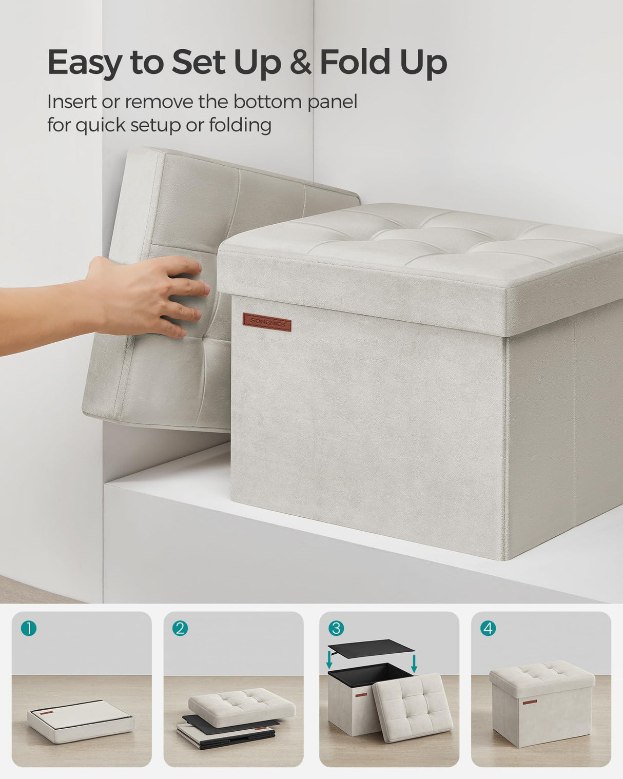 SONGMICS Storage Ottoman, Foldable Small Ottoman Foot Rest, 12.2 x 16.1 Inches Foot Stool, Ottoman with Storage, Load up to 286 lb, for Living Room, Bedroom, Dorm, Cream White ULSF200W01 SONGMICS