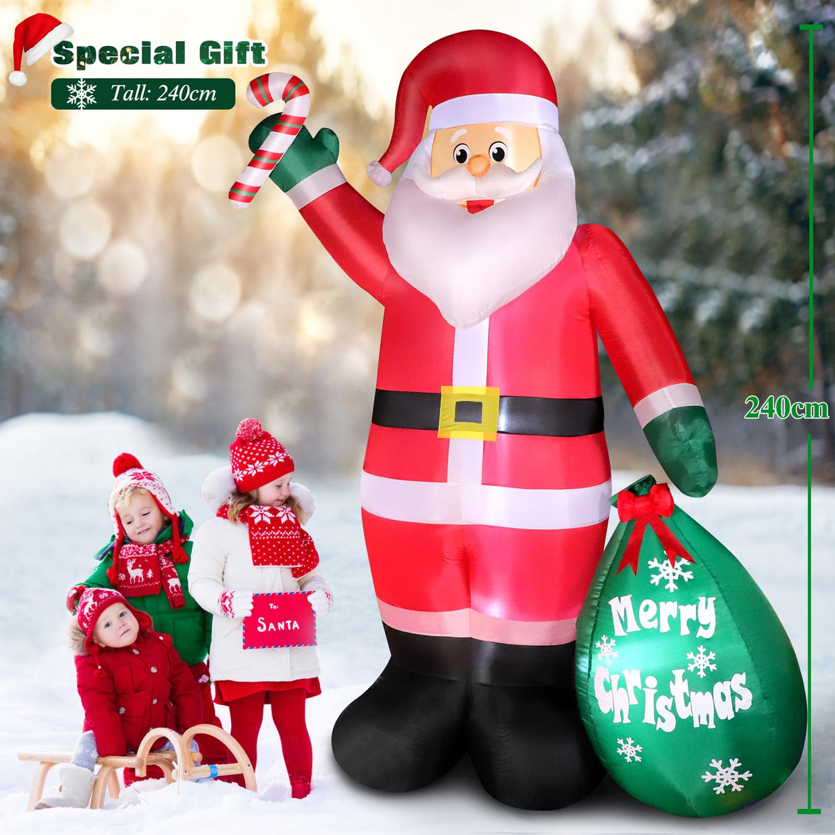 8 FT Christmas Inflatable Santa Claus with Candy and Big Gift Bag Outdoor Decor, Blow Up IP44 Weatherproof Xmas Decorations for Yard, Built-in LED Light for Gardern Lawn Indoor Winter Holiday Thanger