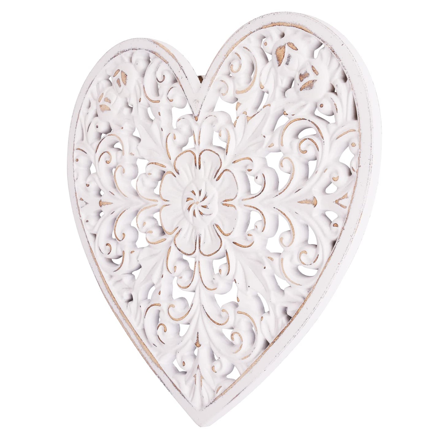 Kvintes Wood Wall Panel Hanging Decor, Medallion Wall Décor Art, 12" Heart-shaped Decorative Carved Floral-Patterned Distressed White MDF Sculpture Wall Panel for Your Room or Office