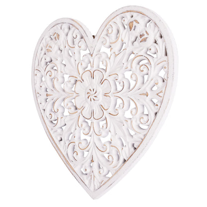 Kvintes Wood Wall Panel Hanging Decor, Medallion Wall Décor Art, 12" Heart-shaped Decorative Carved Floral-Patterned Distressed White MDF Sculpture Wall Panel for Your Room or Office