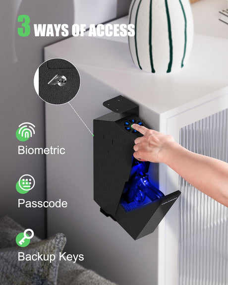 HOLEWOR Gun Safe, Biometric Pistol Safe Fingerprint Quick Access Drop Down Handgun Safe Single Mount Car Gun Safe for Vehicle Desk Bedside Nightstand HOLEWOR
