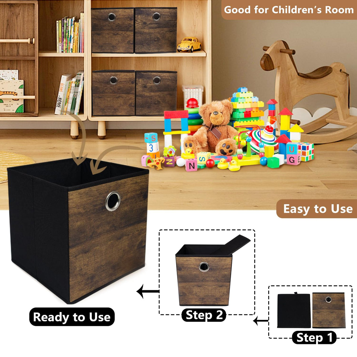 Sturdy Storage Bins with Exquisite Wood Grain Pattern,Thickened Fabric Cube Baskets,Open Container box for Organizer Shelf,Cabinet,Closet,Bookcase,Nursery,Office,Home,Storeroom,10.2x10.2x11in,Set of 3 KANCNT