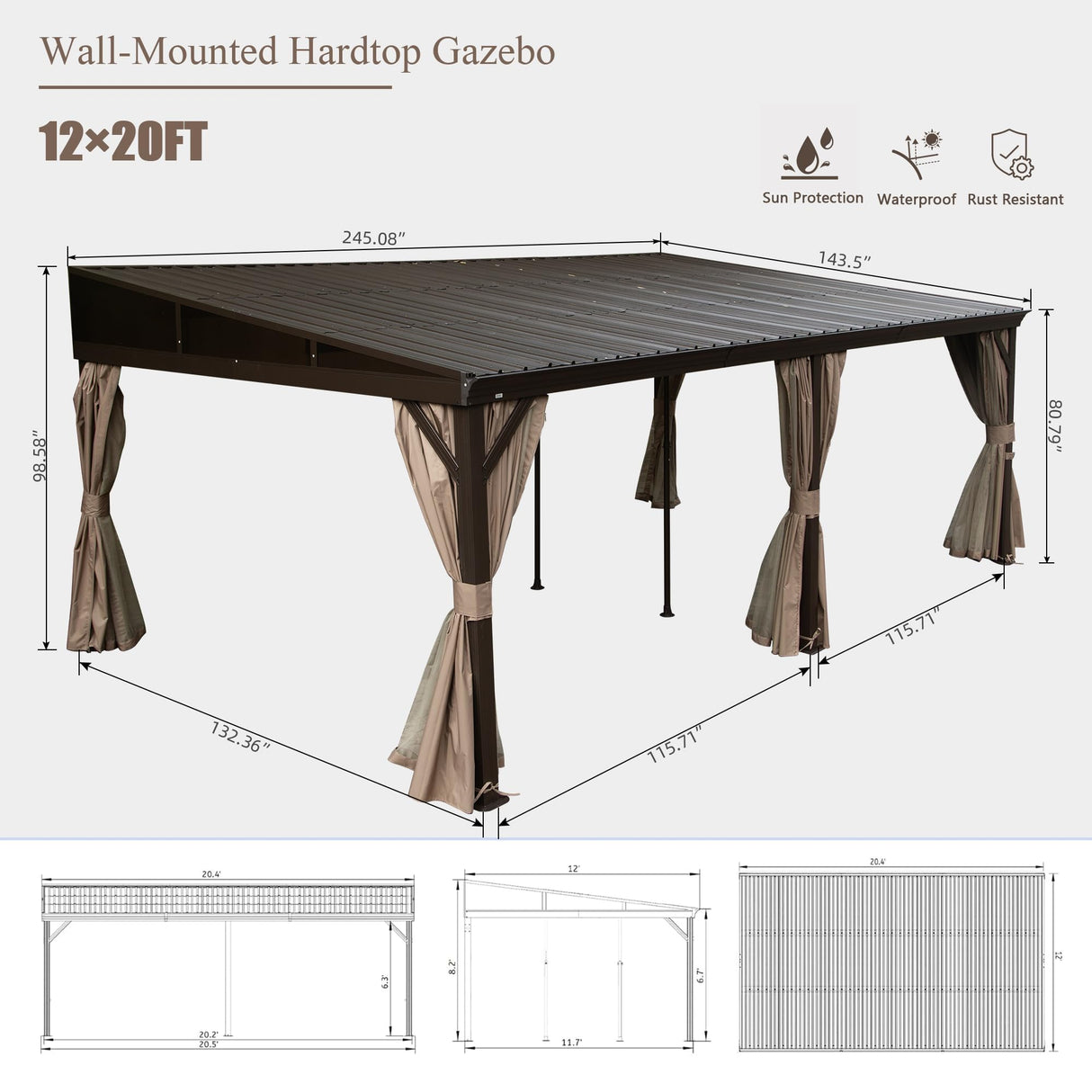 Domi 12' x 20' Lean to Gazebo with Aluminum Frame, Wall Mounted Gazebo Hardtop Galvanized Steel Sloping Roof with Curtains and Netting for Patio Deck Backyard Lawn Party… domi outdoor living