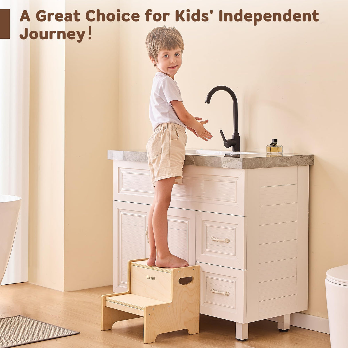 Bateso Step Stool for Kids, Wooden Toddler Step Stool for Bathroom Sink with Safety Anti-Slip Mat and Strip, Assembly Easily, Sturdy Kid Step Stool for Brushing Teeth, Kitchen, Toilet Potty Training Bateso