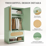 DWVO Rattan Armoire Wardrobe Closet Set of 2-70" Tall Rattan Armoire Closet with 4 Doors and 2 Drawers, Large Armoire Storage Cabinet with Drawers & Hanging Rod/Bedroom Armoire -Green DWVO