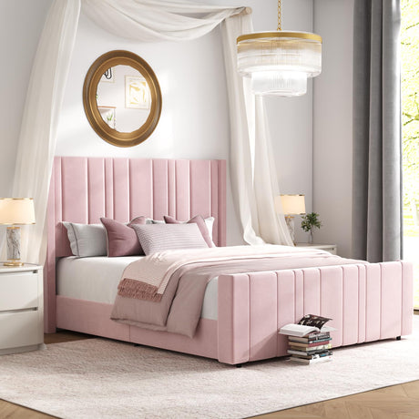 HOMBCK Full Size Bed Frame, Pink Bed Frame Full with Vertical Channel Tufted Headboard, Soft Bed Frame, Velvet Upholstered Bed Frame with 22" Footboard, Mattress Foundation, Easy Assembly, Pink HOMBCK