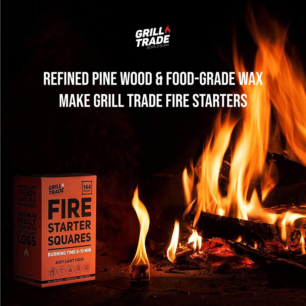 Grill Trade Fire Starter Squares 144, Easy Burn Your BBQ Grill, Camping Fire, Wood Stove, Smoker Pellets, Lump Charcoal, Fireplace - Fire Cubes are The Best Barbeque Accessories Grill Trade