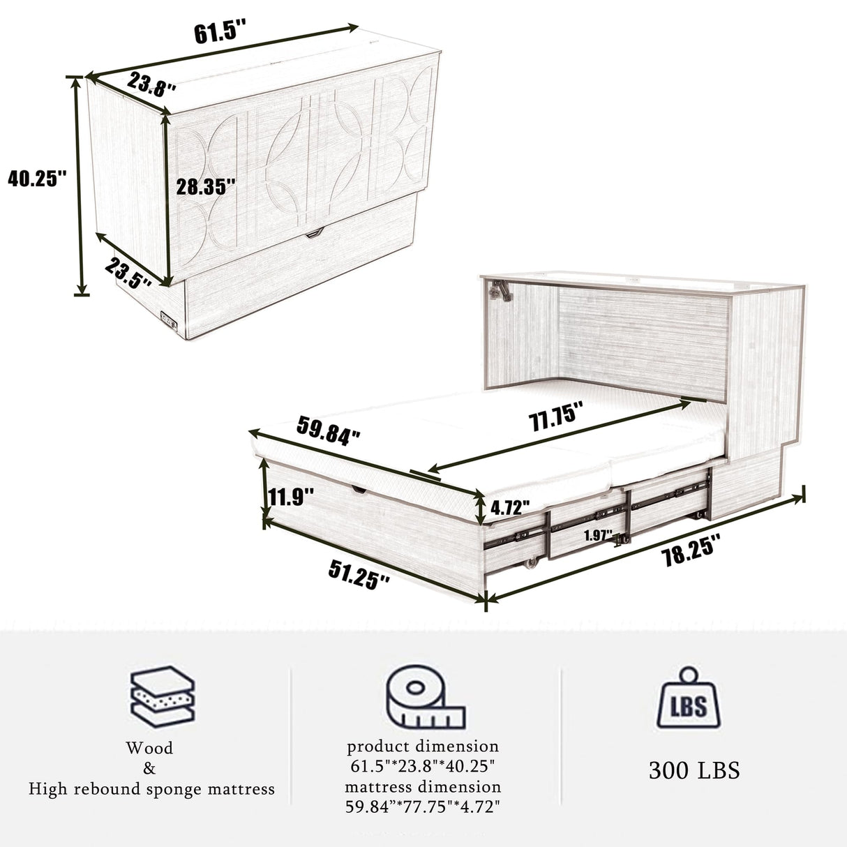 Ball & Cast Queen Size Murphy Bed Wall Chest with Oversized Drawers and Folding Foam Mattress,Wood Hideaway Cabinet Platform Bedframe w/Set of Sockets & USB Ports,Space-Saving,for Small Room,Gray Ball & Cast