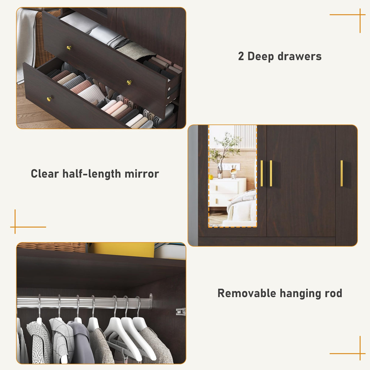 3 Doors Armoire Wardrobe Closet with Mirror, LED Armoire with Doors and Drawers, Wooden Armoire Storage Cabinet with Hanging Rod, Adjustable Shelves, Brown chartustriable