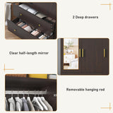 3 Doors Armoire Wardrobe Closet with Mirror, LED Armoire with Doors and Drawers, Wooden Armoire Storage Cabinet with Hanging Rod, Adjustable Shelves, Brown chartustriable