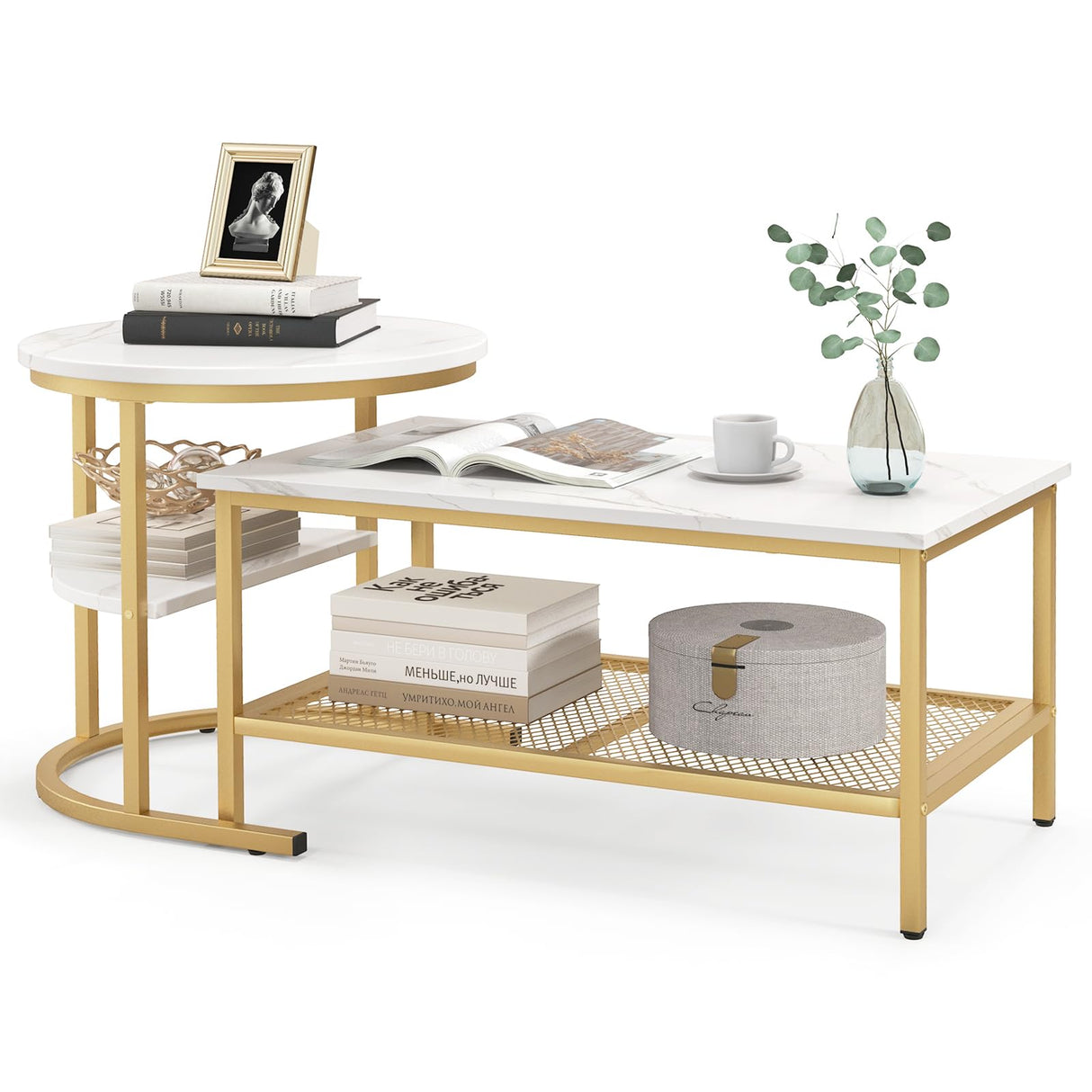 KOTEK Nesting Coffee Table Set of 2, Detachable Rectangular Coffee Table & Small Round End Table Set, Faux Marble Pattern & Sturdy Metal Frame, Modern Nesting Tables for Living Room (Gold) KOTEK