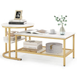 KOTEK Nesting Coffee Table Set of 2, Detachable Rectangular Coffee Table & Small Round End Table Set, Faux Marble Pattern & Sturdy Metal Frame, Modern Nesting Tables for Living Room (Gold) KOTEK