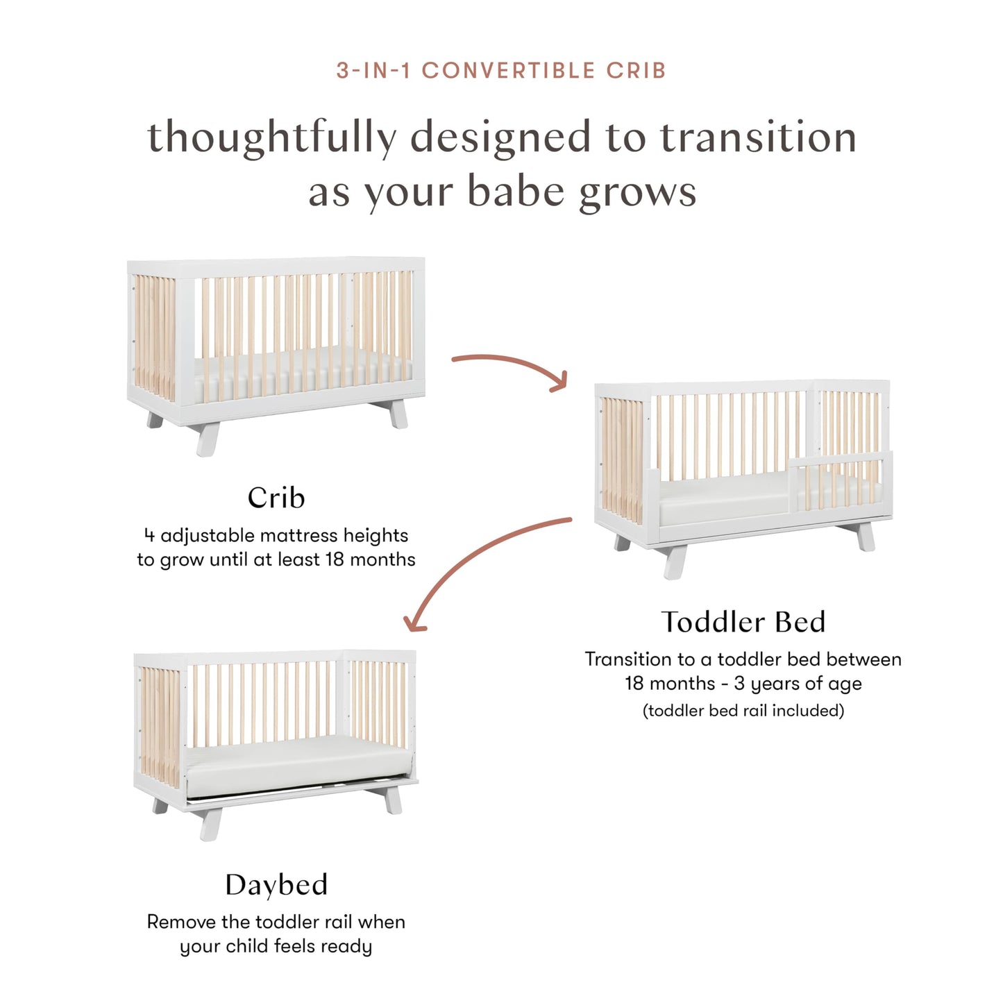 Babyletto Hudson 3-in-1 Convertible Crib with Toddler Bed Conversion Kit in White and Washed Natural, Greenguard Gold Certified