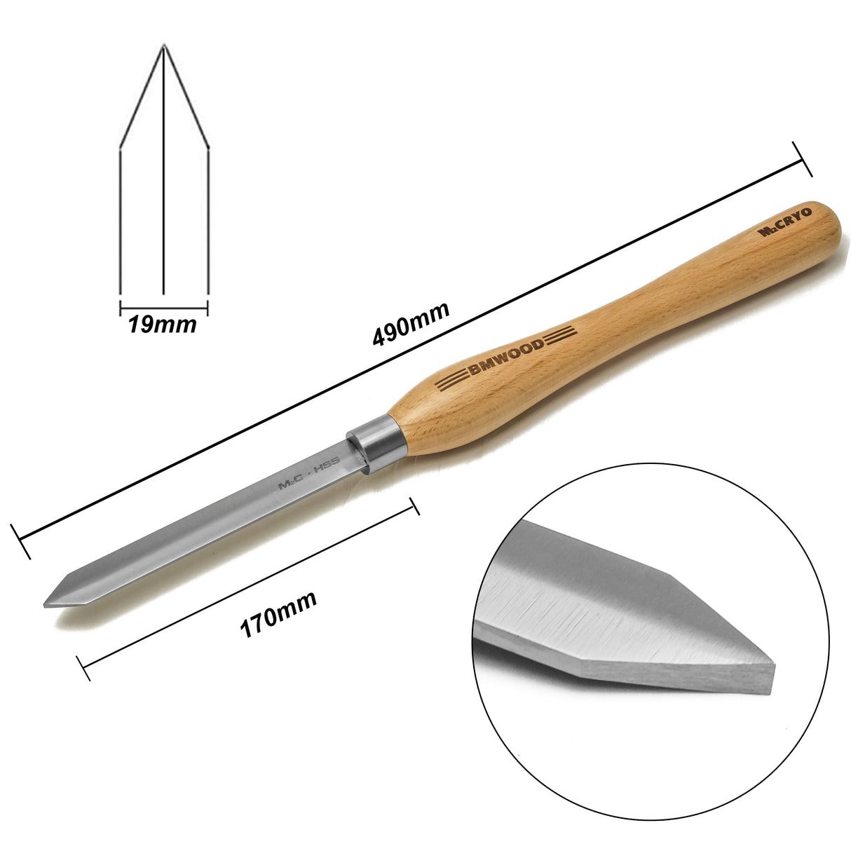 BMWOOD Cryo M2 HSS Diamond Parting Tool 3/16" with 12-1/2" Beech Handle for Woodturning Chisels BMWOOD