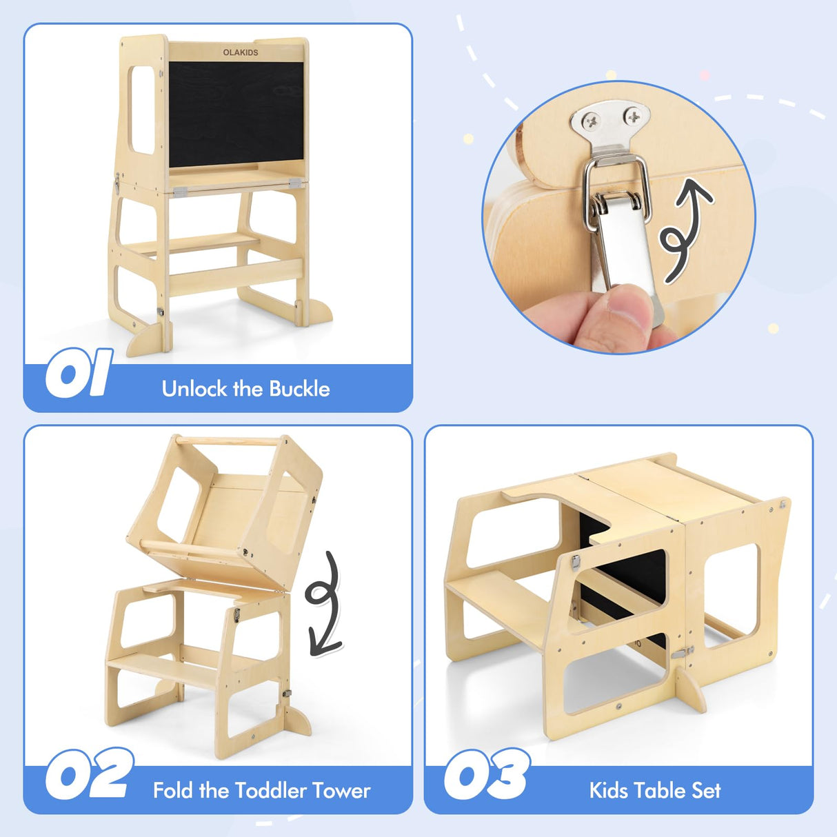 OLAKIDS Toddler Tower, 4 in 1 Foldable Kitchen Stool Learning Standing Tower with Chalkboard Removable Safety Rail, Kids Wooden Collapsible Montessori Step Stool Table and Chair Set Olakids