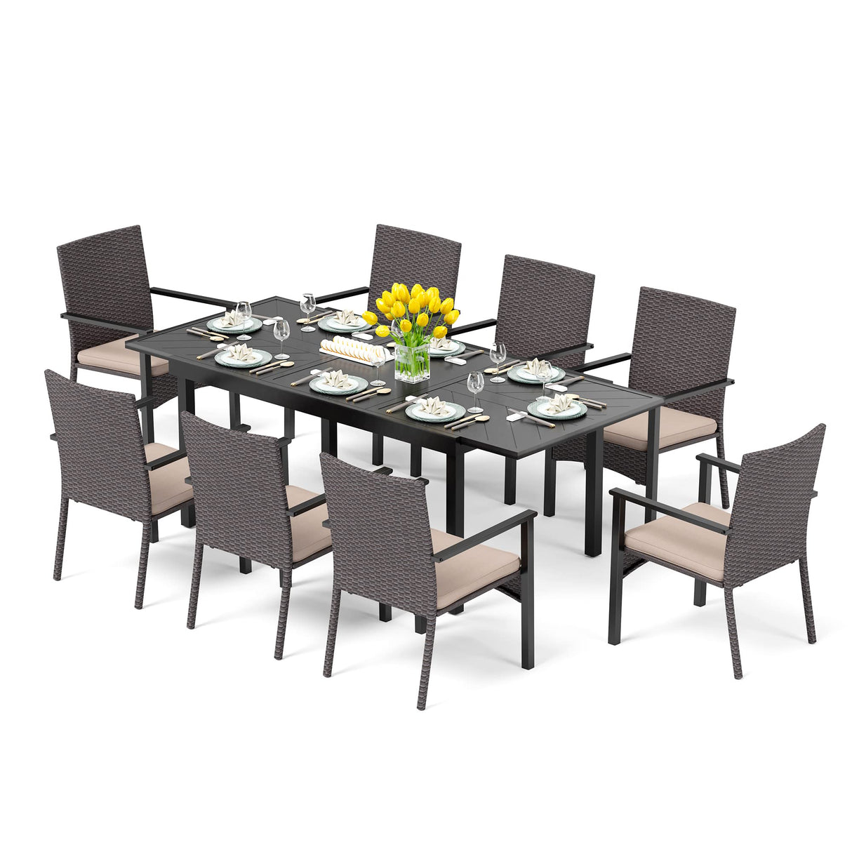 PHI VILLA 9 Piece Outdoor Dining Table Set for 8, Expandable Rectangular Iron Dining Table & Rattan Wicker Chairs with Cushions, Large Dining Furniture Set for Patio, Deck, Yard PHI VILLA